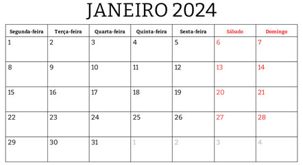 January 2024 portuguese month calendar. Png printable illustration. Monthly planning for your business in Portugal - obrazy, fototapety, plakaty