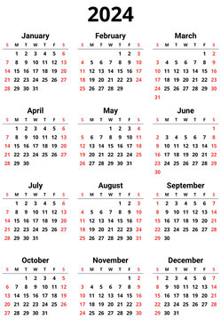 2024 year png calendar. Printable transparent illustration. 12 months. Week starts Sunday. English, vertical