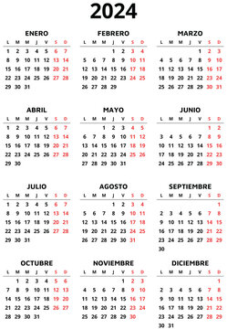 2024 year spanish calendar. Printable png illustration for Spain. 12 months. Vertical