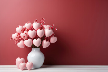 Creative Valentine's Day greeting card. Bouquet of pink hearts in a white vase on a red background with a copy space