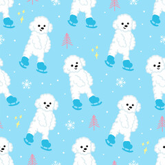 Poodle dog Ice-skating seamless pattern vector illustration. White Poodle dog on winter background