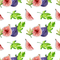 Seamless pattern of watercolor figs and leaves. Botanical watercolor pattern. Exotic fruits. Summer seamless pattern on white background.