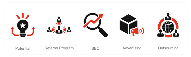 A set of 5 Increase Sale icons as potential, referral program, seo