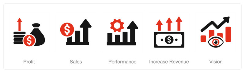 A set of 5 Increase Sale icons as profit, sales, performance