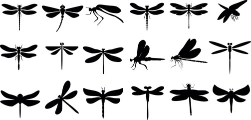 Dragonfly silhouette vector illustration, nature-inspired, summer-themed design. Various poses of dragonfly, flying, resting, perched dragonflies. wildlife, entomology, biology, science-related design - obrazy, fototapety, plakaty