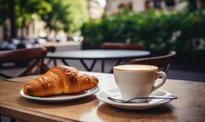 petit déjeuner parisien typique avec croissant et café sur une table de bistrot