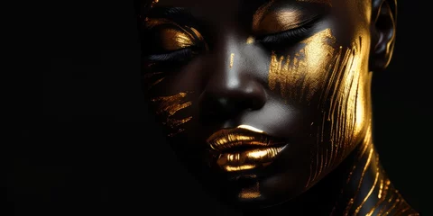 Wanddecoratie Zwart goud portrait of beautiful woman with black painted face and gold paint foil, fashion concept  © David Kreuzberg