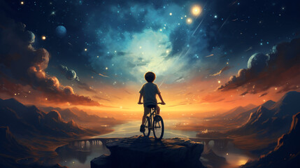 The boy is cycling in the midst of the stars