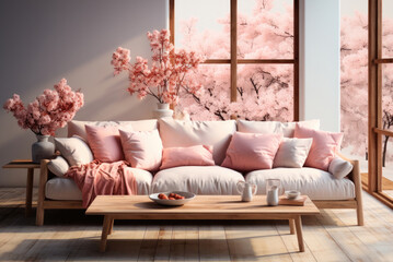 Light sofa with pink pillows in scandinavian apartment. Interior design of modern living room