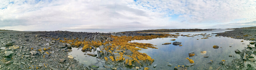 The rocky coast of the Barents Sea. Beautiful view of the rocks and the coast of the Rybachy and Sredny peninsulas, Murmansk region, Russia. The landscape is the harsh beauty of the north.