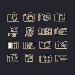 Set of camera icons. Vector illustration in trendy flat style isolated on black background.