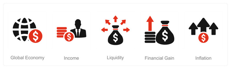 A set of 5 Investment icons as global economy, income, liquidity