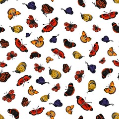Flying small butterflies on white background, raster seamless pattern