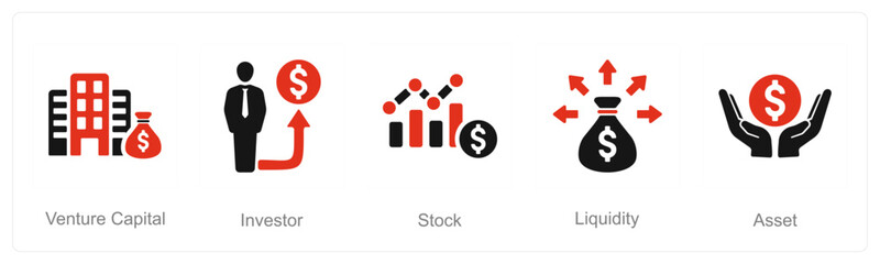 A set of 5 Investment icons as venture capital, investor, stock