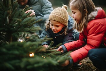 a close-up portrait of a cute happy looking children decorating a christmas tree with ornaments....