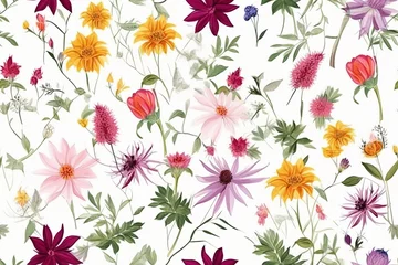 Fotobehang A seamless colorful pattern of various beautiful flowers and leaves, creating a harmonious and visually pleasing background design. © Ilia