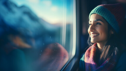Touring in train with tranquility  Indian Traveler Delights in a Luxury Train Journey Across Snowy Switzerland  - obrazy, fototapety, plakaty