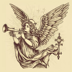 Christmas Angel flying and trumpet on pipe. Hand drawn vector illustration in vintage "ai generated"
