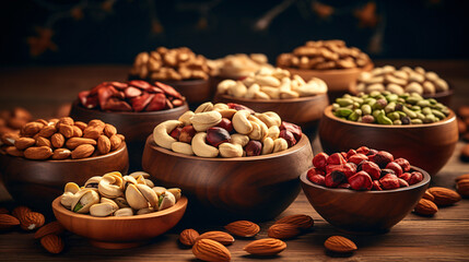 Assortment of nuts in bowls.