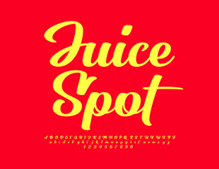 Vector bright advertisement Juice Spot. Stylish Cursive Font. Set of creative Alphabet Letters and Numbers.