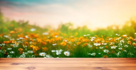 Empty wooden brown table in beautiful blurred spring landscape, wood plank board with green grass and flowers . Beauty bokeh and sunlight.,horizontal background or wallpaper, copy space