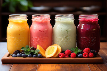 Assorted colorful smoothies with fresh ingredients and straws