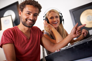 Recording studio, musician and portrait of producer for music, radio songs and audio with musical...