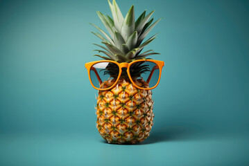 Cute and funny pineapple with sunglasses on a blue background