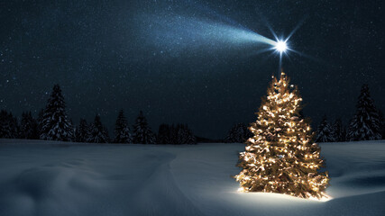 Beautiful festive Christmas tree with lights garlands in a snowy field with forest and star at Christmas night. New Year and Christmas card, The first star lit up in the winter forest.  Comet falls