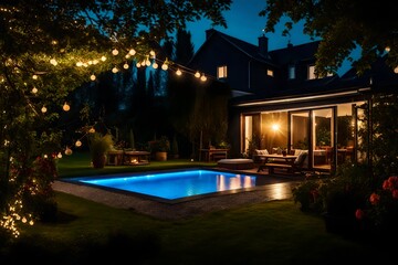 Obraz na płótnie Canvas Summer evening on the patio of beautiful suburban house with lights in the garden garden