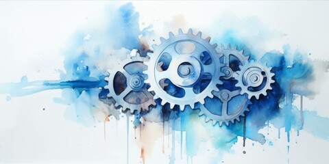 Industrial Elegance: Light Blue Aquarelle Close-Up of Crafting Machinery, Captivating Cogwheel Gears with a Blurred Aesthetic on a White Background