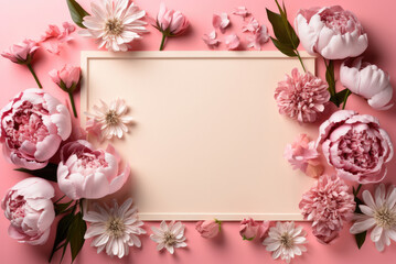 Pastel flowers frame with peony and petals on pink background, top view