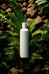Flat lay white bottle for eco cosmetics on a background of green leaves