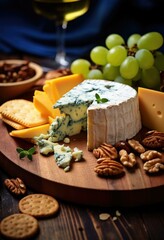 Fototapeta premium A delectable assortment of artisanal cheeses, including brie, gorgonzola, cheddar, and goat cheese, paired with a variety of crackers, nuts, and grapes, elegantly presented on a rustic wooden board.