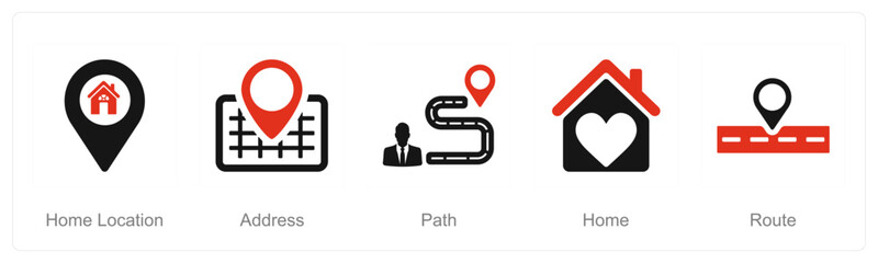 A set of 5 Location icons as home location, address, path