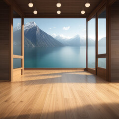 Wooden floor with copyspace against sea and green hills. Planked wooden twxture and landscape