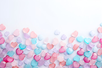 Valentine's Day background, with voluminous transparent hearts, with copy space, in soft white color.