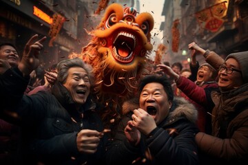 Obraz premium Celebration of chinese New Year: a huge crowd mass of cheerful people in colorful costumes walking down the streets carrying a red dragon