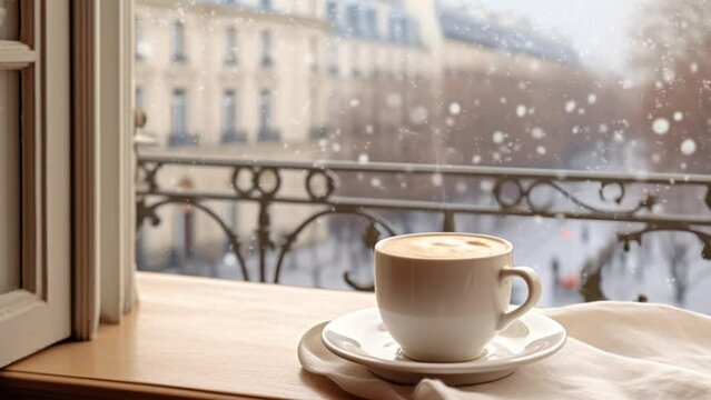 A warm cup of coffee by the window with cozy winter vibes. Seamless Looping Time-Lapse Virtual Video Animation Background.. Generated with AI