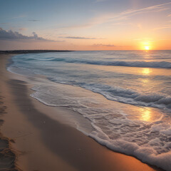 Beautiful ocean shore landscape with sand beach in sunset	