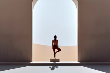 Obraz premium Back view of a woman practicing yoga in a gateway to the desert