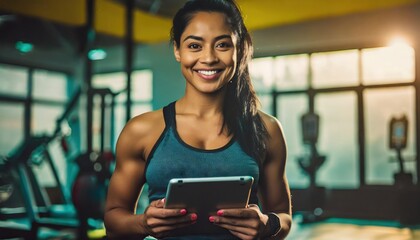 A fit muscular female personal trainer is holding tablet in her hands and smiling at the camera in a gym
