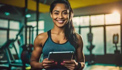 Fototapeten A fit muscular female personal trainer is holding tablet in her hands and smiling at the camera in a gym © Marko