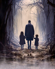 Man in raincoat walks with two young children hand in hand along a muddy eerie forest path into the fog