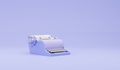 Stack of books with typewriter machine, headphones isolated on pastel purple background. Audiobook concept. Minimal composition for social media and workplace concept