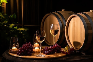 Glasses of white wine, grapes, lit candles, soft light in a cozy atmosphere