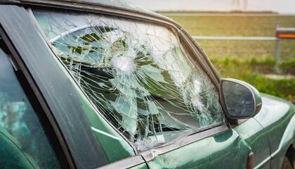Fototapeta premium Closeup of crashed car window in car accident