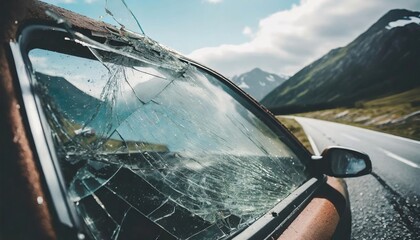Obraz premium Closeup of crashed car window in car accident