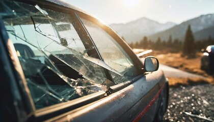 Fototapeta premium Closeup of crashed car window in car accident