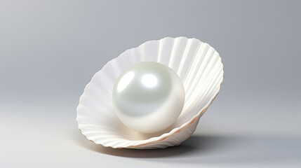 3d White Shell with pearl isolated onwhite background - obrazy, fototapety, plakaty